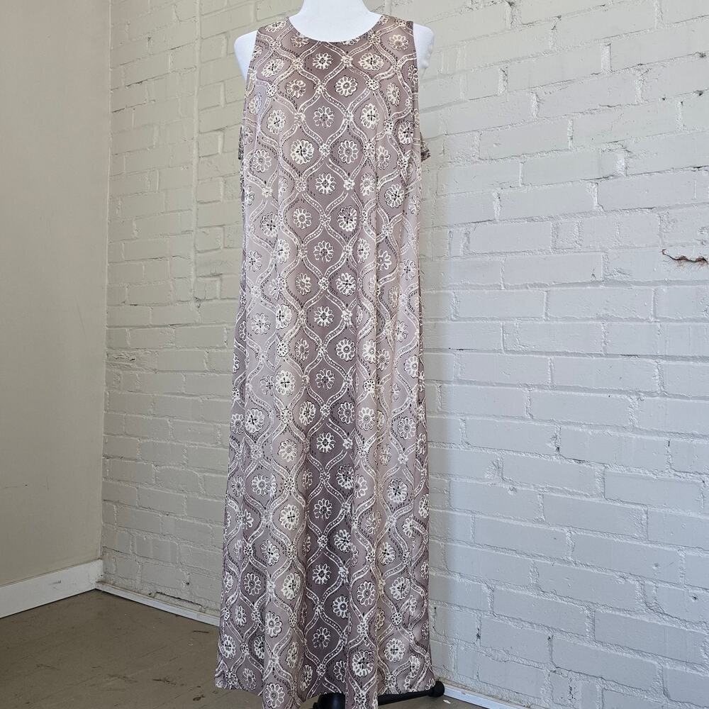 Vintage 90s Boho Geometric Floral Cottagecore Midi Dress Taupe Brown Retro XL